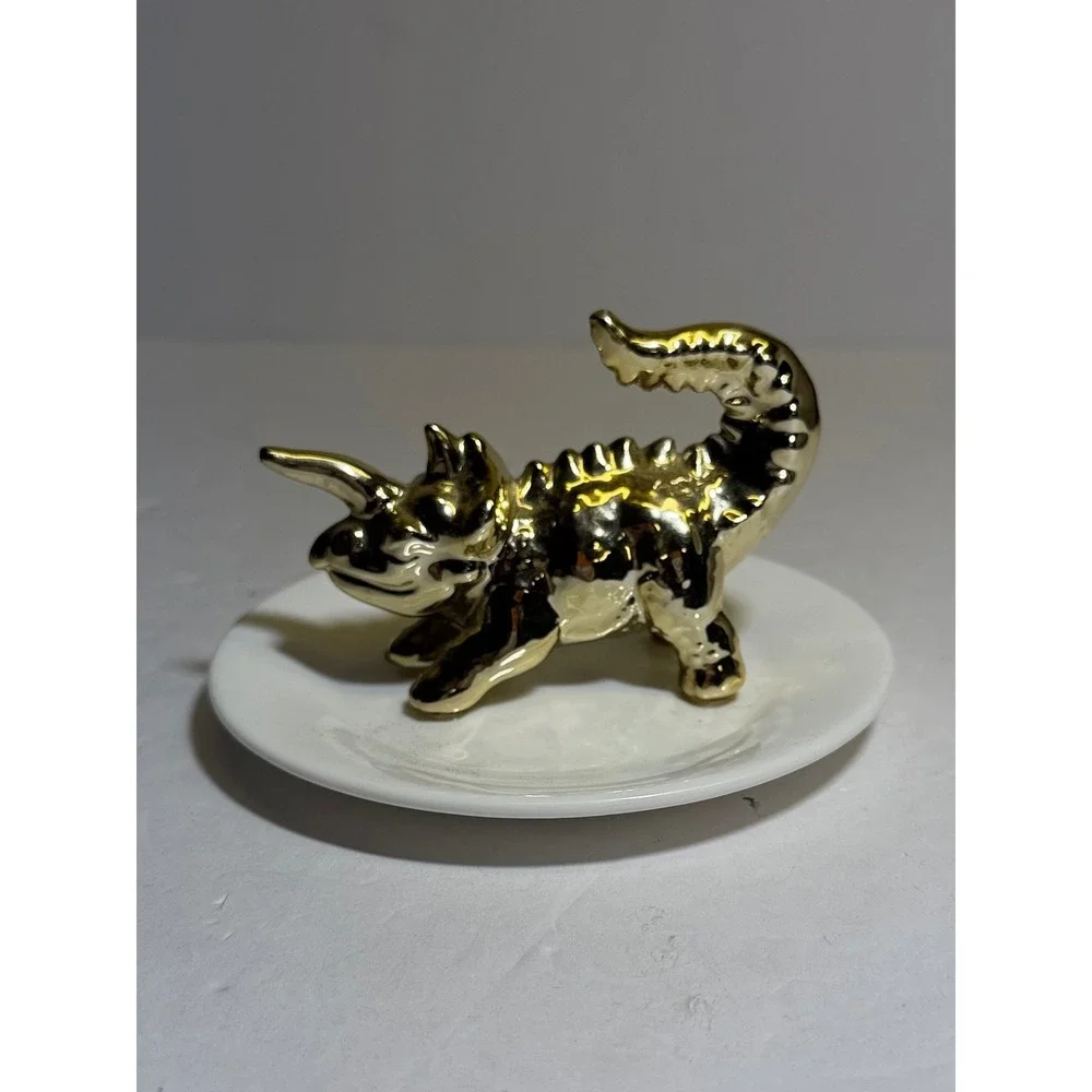 Gold Triceratops Dinosaur Ceramic Ring Holder White Dish P10202